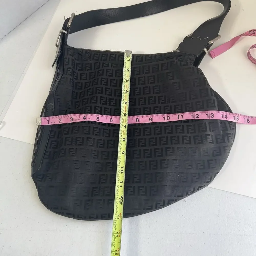 Authentic Fendi Vintage Zucca Canvas And Leather Oyster Bag Black Zip Closure